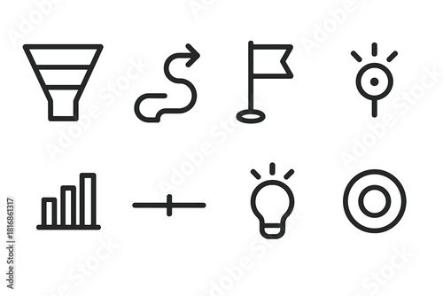 Conversion Icons Set. Conversion Path Optimization Icons Set linear icon set: funnel steps, pathway arrow, goal flag, click dot, metric bar, timeline mark, insight spark, outcome