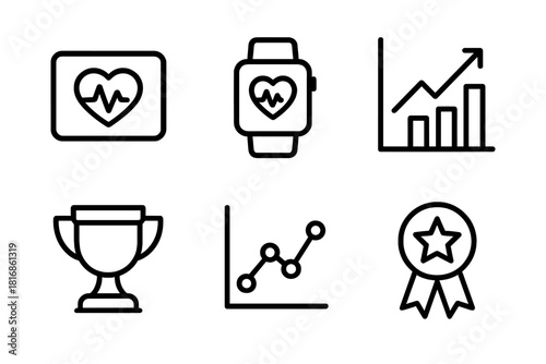 Fitness Progress Icons. Performance Tracking linear icon set. heart rate monitor, smart watch, graph chart, trophy, data points, achievement badge