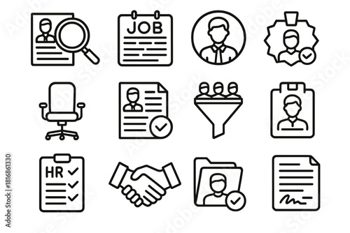 Recruitment Icons Set. Recruitment & Hiring linear icon set: magnifying glass over resume, job posting board, candidate profile, interview chair, application form, recruitment
