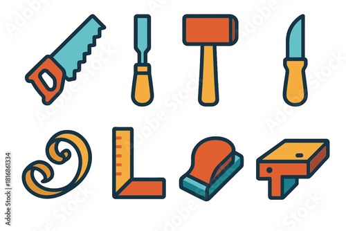 Vibrant Woodcraft Tools Icons. Woodcraft tools flat icon set: hand saw, chisel, wooden mallet, carving knife, wood shaving curl, measuring square, sanding block, workbench piece