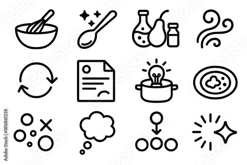 Culinary Experiment Icons. Culinary Experimentation Icons linear icon set: test kitchen bowl, flavor trial spoon, experimental ingredients, creative aroma swirl, trial-and-error