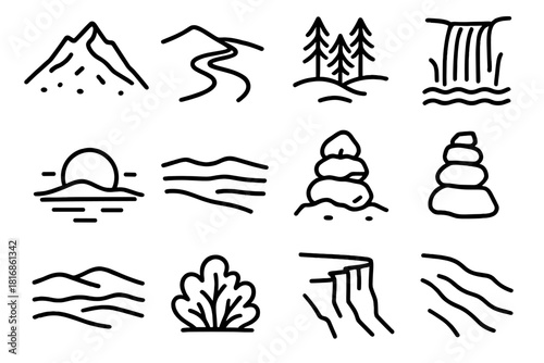 Nature Icons In Black. Outdoor Vista Pack linear icon set: mountain peak, winding path, tree grove, waterfall drop, sunset disk, open plain, rock stack, shrub outline, mist layer