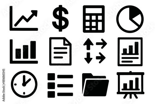 Brutalist Financial Icons. Financial Performance silhouette icon set. line graph, dollar sign, calculator, pie chart, bar chart, document, chart arrows, report page, clock, chart