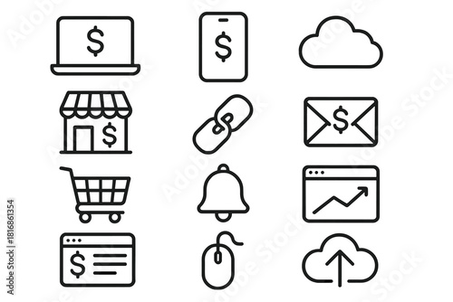 Digital Earnings Icons. Digital earnings linear icon set: laptop, smartphone, cloud, online store, affiliate link, email, shopping cart, notification bell, graph, website, mouse