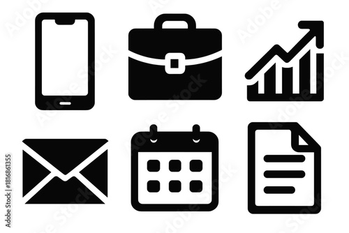Bold Business Icons. Business smartphones silhouette icon set: smartphone, briefcase, chart line, email envelope, calendar, document