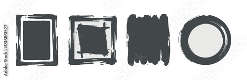 Hand-drawn grunge brush stroke shapes: rectangle frames, solid square block, and enso circle vector design elements set. Vector