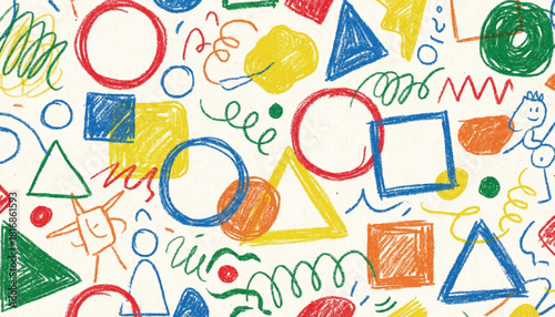 Funky crayon drawn geometric shapes and lines. Colorful pencil or chalk drawn naive Swiss design aesthetic. Basic geometric shapes, dots, playful pattern, primitive forms and figures