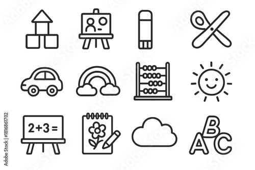 Early Learning Icons. Early Learning Classroom linear icon set. building blocks, easel, glue stick, scissors, toy car, rainbow, counting beads, smiling sun, blackboard, drawing pad