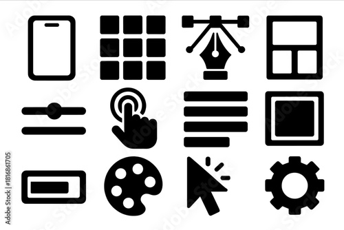 Brutalist App Design Icons. App Design Interface silhouette icon set. smartphone, icon grid, pen tool, layout preview, slider, tap hand, menu bar, screen frame, progress bar, color