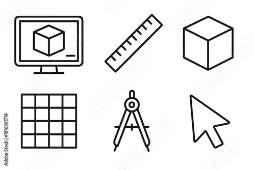 CAD Design Tools. Design and Modeling linear icon set. CAD screen, ruler, 3D model cube, drafting compass, mouse pointer, design grid