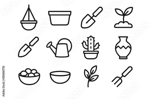 Garden Tool Icons. Plant Containers linear icon set: hanging pot, ceramic planter, soil scoop, seedling, garden spade, watering jug, cactus pot, decorative vase, pebble base, clay