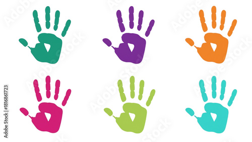 Colorful Handprints Vector Set Isolated on White Background. Multicolored Paint Hand Prints Symbolizing Diversity, Creativity, Childhood Art and Teamwork.
