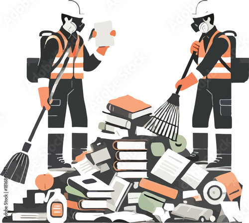 Illustration of hazmat workers cleaning a pile of books and debris after a disaster