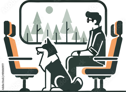 A man travelling with his dog at train