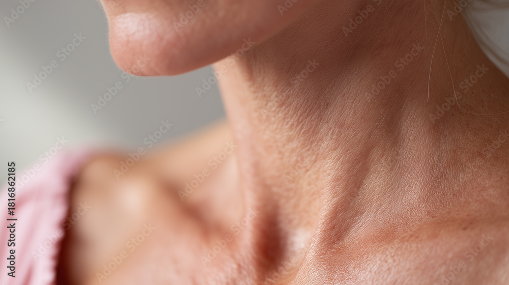Fototapeta premium Close up of mature woman neck and upper chest skin showing natural texture, fine lines, and healthy complexion in soft natural light