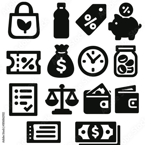 Smart Saving Icons. Smart saving habits silhouette icon set. reusable bag, water bottle, discount tag, piggy bank, coupon, money bag, clock, jar, plan sheet, balance scale, wallet