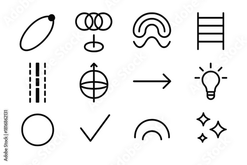 Quantum Icon Pack. Quantum-Inspired Solutions Pack linear icon set: particle path, superposition icon, wave ripple, quantum ladder, interference bands, qubit ring, transition arrow