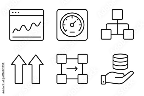 App Scalability Icons. Application Scalability linear icon set. app window, performance monitor, data flow chart, distributed system, scaling arrows, resource allocation icon.