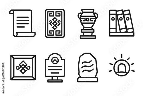 Cultural Heritage Icons. Cultural Preserve Symbols linear icon set: scroll outline, traditional pattern, artifact stand, book archive, framed symbol, heritage marker, carved line