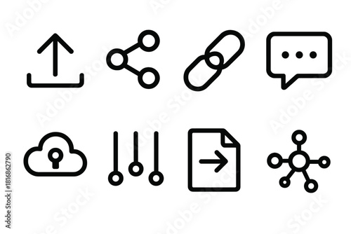 Digital Sharing Icons. Digital Sharing linear icon set: upload arrow, share icon, link nodes, message bubble, cloud pass, data stream, shared file tile, network spark