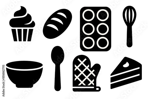 Bold Baking Icons. Home Baking Set silhouette icon set: cupcake, loaf of bread, muffin tray, whisk, bowl, spoon, oven glove, cake slice