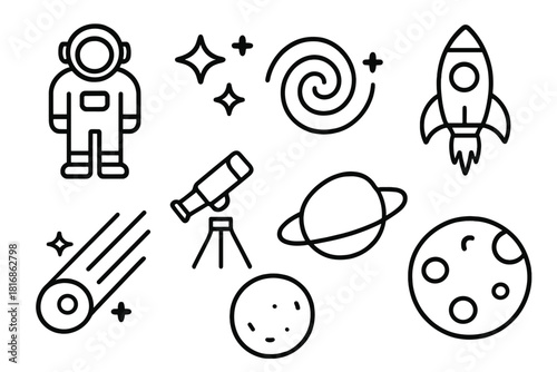 Space Icons Collection. Outer Space linear icon set: astronaut, stars, galaxy, rocket, comet, telescope, planet ring, moon