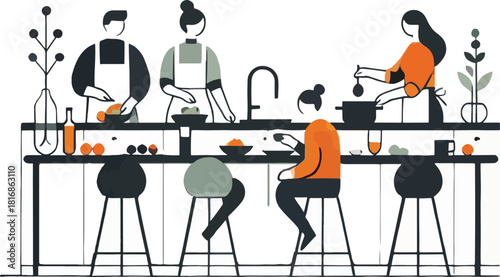 People preparing and enjoying a meal in a modern kitchen setting simple illustration
