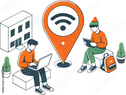 People using wi-fi at a public spot with laptop tablet and location pin illustration