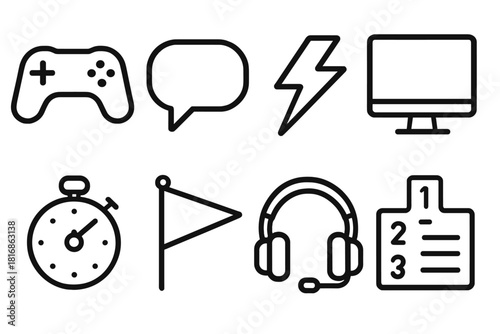 Gaming Icons Collection. Digital Tournaments linear icon set. gamepad, chat bubble, lightning bolt, screen, timer, flag, headphones, leaderboard