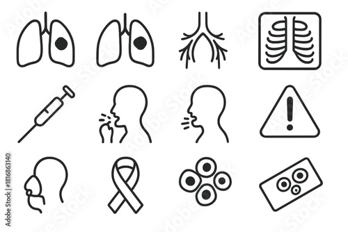 Lung Cancer Icons. Lung Cancer Elements Set linear icon set: lung silhouette, tumor spot icon, airway diagram, chest X-ray outline, biopsy needle symbol, coughing figure, shortness