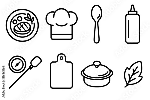 Gourmet Cooking Icons. Gourmet Cooking Set linear icon set: plated dish, chef toque, tasting spoon, sauce bottle, meat thermometer, cutting board, pot lid, garnish leaf