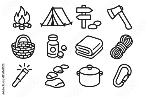 Wilderness Survival Icons. Wilderness Survival linear icon set: campfire, tent, trail markers, hatchet, foraging basket, purification tablets, warm blanket, sturdy rope, emergency