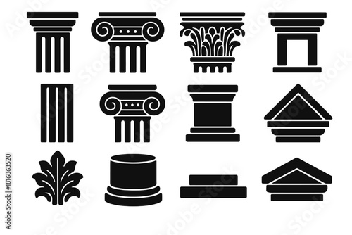 Bold Architectural Icons. Classical architecture set silhouette icon set. Doric column, Ionic column, Corinthian column, Tuscan column, fluted shaft, volute capital, base plinth