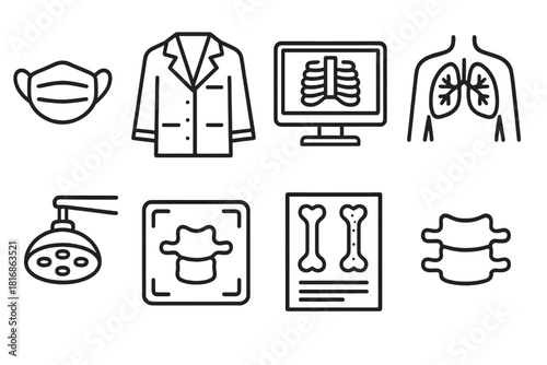 Radiology Icons Collection. Radiology practice linear icon set: protective mask, medical coat, digital viewer, anatomy diagram, exam light, scan frame, vertebra icon, bone