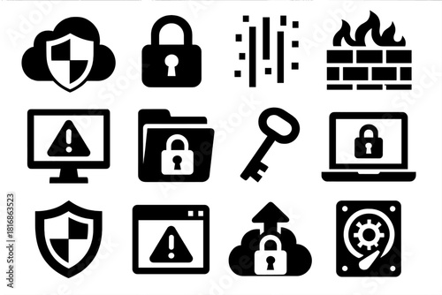 Secure Cloud Icons. Secure Cloud silhouette icon set. shielded cloud, padlock icon, data stream, firewall wall, alert monitor, secure folder, encryption key, laptop screen