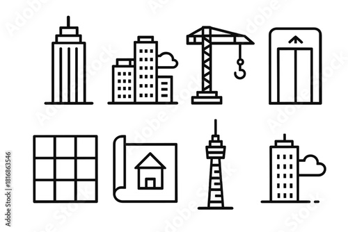 City Outline Icons. Skyscrapers linear icon set. tall building, city skyline, crane, elevator, window grid, blueprint, tower, cloud