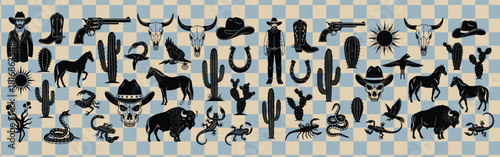 Seamless wild west pattern with cowboy elements on a checkered background for textile and design