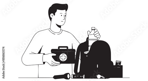 Illustration of a person packing camera gear for a photography session.