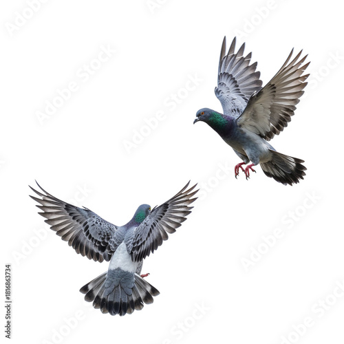 Two pigeons flying in the air isolated on transparent background