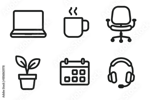 Office Icon Set. Modern Office linear icon set. laptop, coffee cup, chair, desk plant, calendar, headset