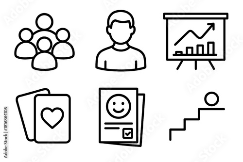 Workshop Icons Overview. EI Workshop Set linear icon set: group discussion, facilitator icon, training chart, activity card, feedback note, progress steps