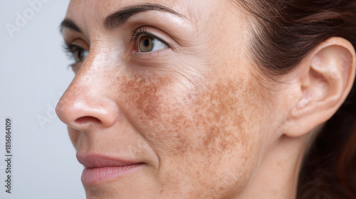 Macro of dark spot pigmentation on cheek facial skin detail adult woman closeup dermatology uneven tone natural aging healthy calm expression