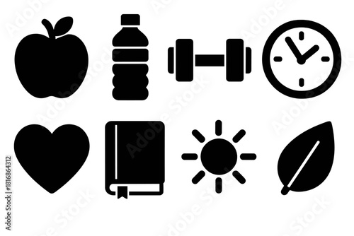 Brutalist Healthy Habits Icons. Healthy Habits Essentials silhouette icon set. apple, water bottle, dumbbell, clock, heart, journal, sun, leaf.