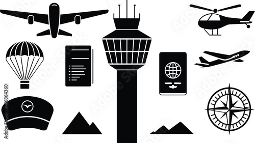 Aviation and air travel symbol set featuring an airplane a helicopter a control tower and a passport