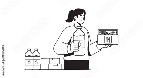 Illustration of a shopper holding bottled drinks and groceries.