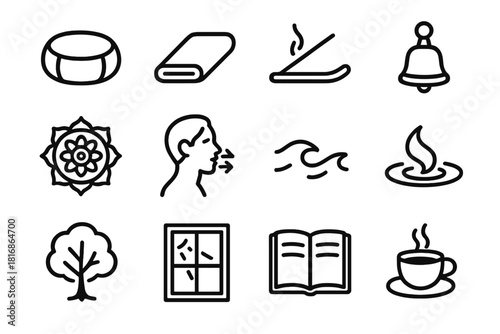 Meditation Icon Set. Meditation essentials linear icon set: cushion, mat, incense stick, bell, mandala, breathing icon, gentle wave, water ripple, tree, window light, journal, cup