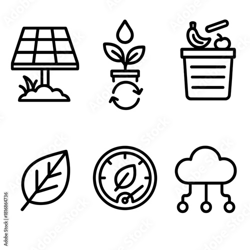 Sustainable Farming Icons. Sustainable Farming linear icon set. solar panel, water recycling, compost bin, eco leaf, energy gauge, cloud network