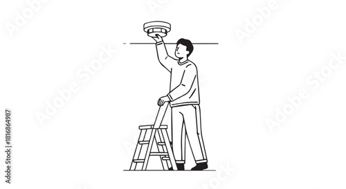 Illustration of a man standing on a stool, using a long pole to reach overhead.
