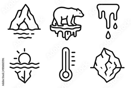 Melting Iceberg Icons. Melting Poles linear icon set. iceberg, polar bear, dripping ice, ocean rise, temperature gauge, cracked glacier.
