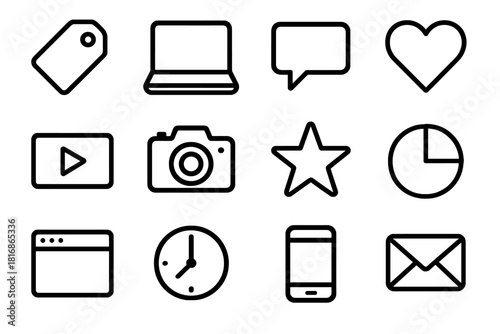 Icon Grid Art. Brand Presence linear icon set. logo tag, laptop, chat bubble, heart, video icon, camera, star, pie chart, post window, schedule clock, phone, message icon